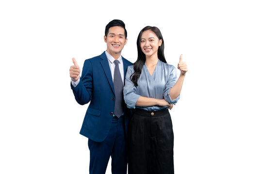 Two Asian people giving a thumbs up on PNG background - Powered by Adobe