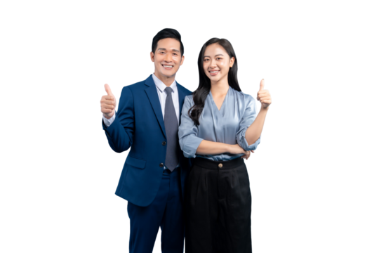 Two Asian people giving a thumbs up on PNG background