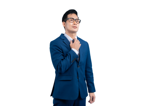 A Asian man in a suit adjusting tie while looking up. He is a handsome asian man. The man is wearing glasses on PNG background