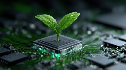 Green plant growing from a computer processor symbolizing technology and nature s synergy