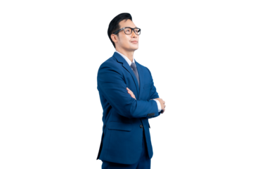 A Asian businessman stands elegantly with his arms crossed on PNG background