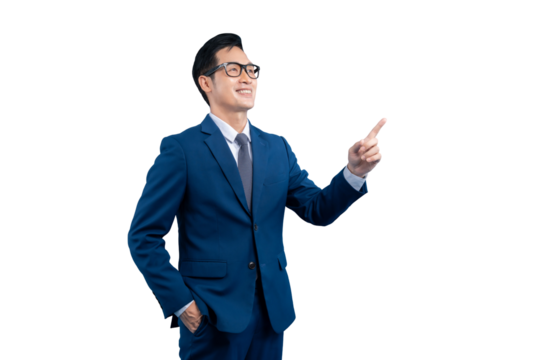  Asianman dressed in a suit with glasses. Portrait on a white background. 