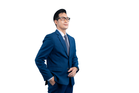 Asian businessman in a suit stands confidently on a plain background. This image conveys professionalism and aspiration. - Powered by Adobe