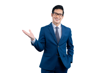 Asian businessman presenting a product or service on PNG background