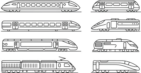 Collection of modern high speed train illustrations in outline style