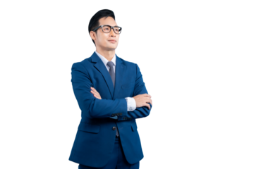 A Asian businessperson confidently posing with folded arms on PNG background