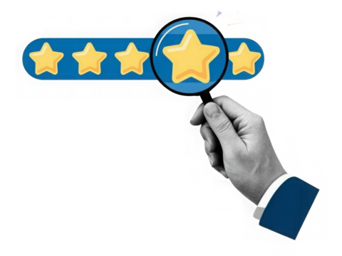 Hand with a magnifying glass look at the fifth star in a row. User experience. Service rating. Modern collage style. Illustration on transparent background