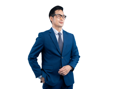 Asian businessman in a blue suit, thoughtful and professional on PNG background