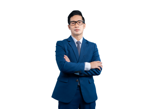 A Asian business professional, arms crossed, in a sophisticated suit on PNG background