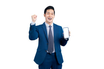 Asian businessman with a smartphone celebrates success on PNG background
