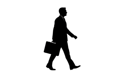 Black & White Line Drawing shows businessman walking on black background for posters and minimal business branding.