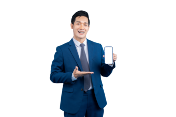 Asian confident businessman showcasing a smartphone with a blank screen against a white background. He's wearing a smart suit.