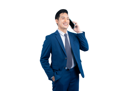 Asian man in a suit holding a phone, appears to be in conversation. It appears that he is satisfied on PNG background