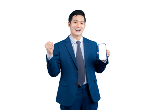 Successful asian businessman holding smartphone with mockup screen