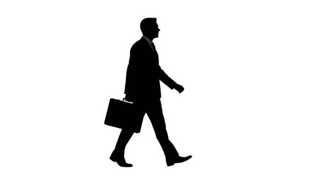 Black & White Line Drawing shows businessman walking on black background for posters and minimal business branding.