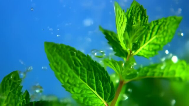 Refreshing spearmint being showered with water on a bright blue background close up