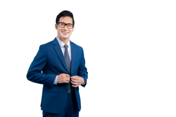 Handsome asian business man in a suit is posing with happy face in PNG background