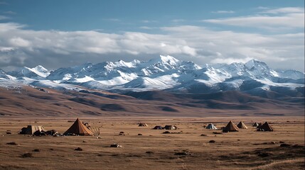 Majestic Mountain Vista: A breathtaking vista of snow-capped mountains and a vast, arid landscape. Small tents dot the foreground, set against the backdrop of an epic sky, representing a nomadic camp.