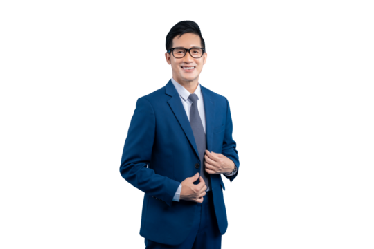 Asian businessman in a blue suit, smiling, with glasses, isolated. and PNG background