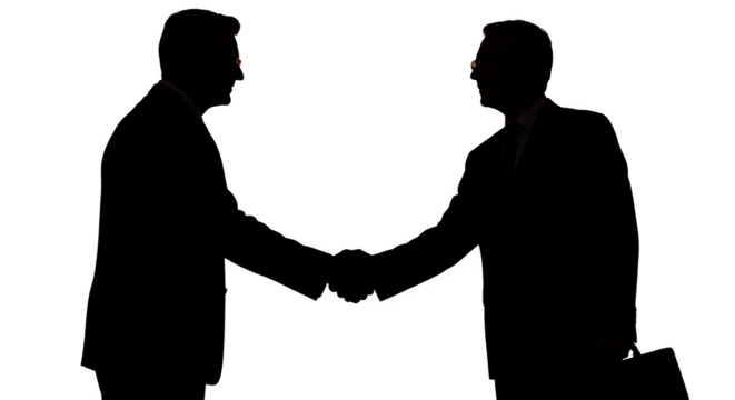 Silhouettes of two men in suits stand in very low light, suitable for discussions on confidentiality, strategy, or deals.