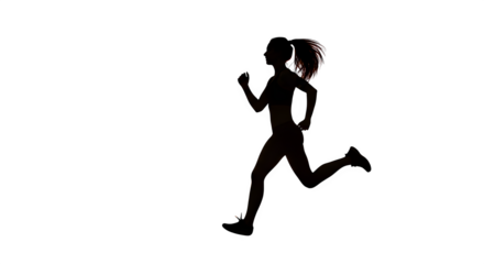 Dark silhouette highlights running woman. Strong athletic build is shown in light for training, posters, or print.