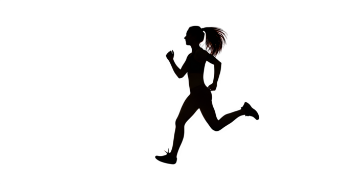 Dark silhouette highlights running woman. Strong athletic build is shown in light for training, posters, or print.
