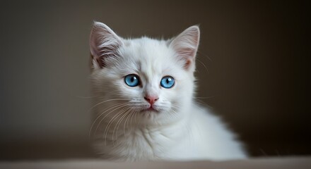 Adorable white kitten with striking blue eyes looking directly at the camera