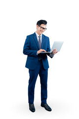 Full body asian man in a suit and eyeglasses is working on a laptop. He's likely a professional person using modern technology and looks happy, set on PNG background
