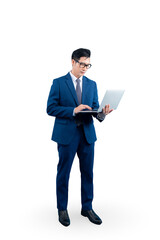 Full body asian business professional focused while working on his laptop. The man is wearing a suit. on PNG background