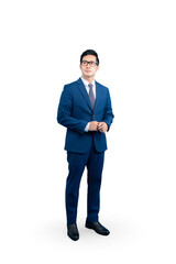 Full body asian man in a blue suit and glasses, standing against a neutral background. The man is focused and looks serious and confident © STOCK88PHOTOGRAPHER