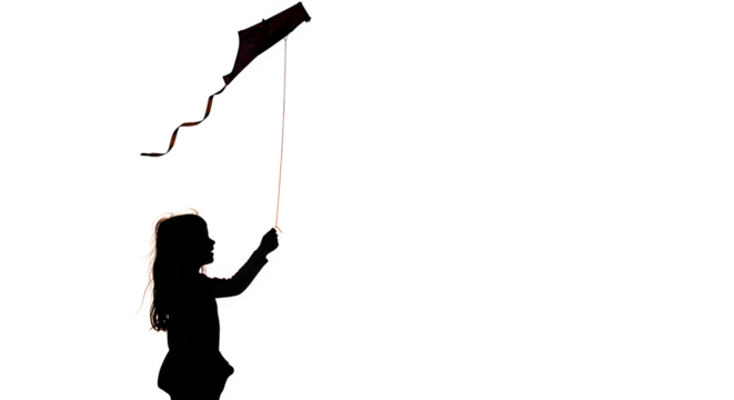 Silhouette glows orange on black, depicting a girl flying a kite, perfect for childhood innocence or freedom posters.