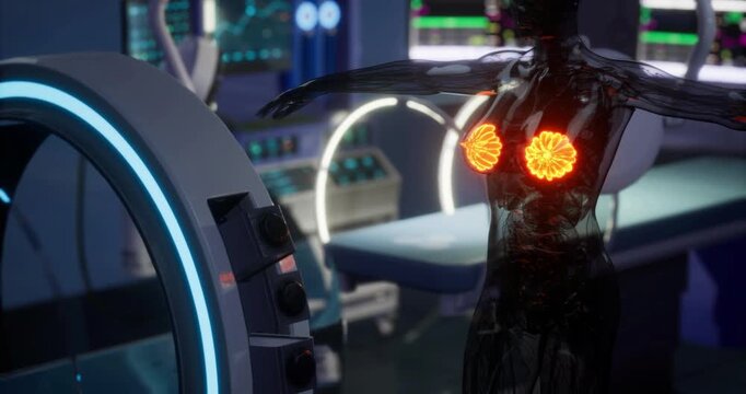 This detailed display highlights mammary glands, showcasing their structure and function. The futuristic laboratory setting enhances the educational experience about human anatomy.