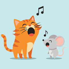 flat vector illustration animal cat and rat mouse happy singing together