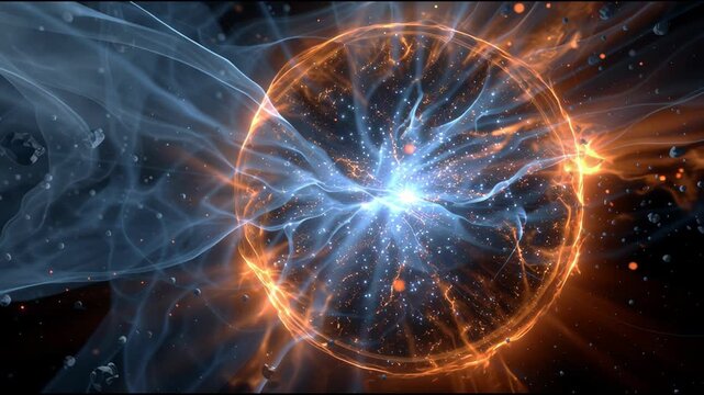 A glowing orb of light in space. The light is orange and blue. The light is surrounded by a dark background