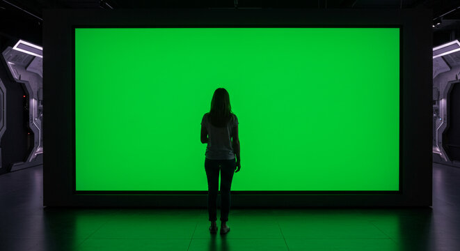 Woman silhouetted against a vibrant green screen in futuristic environment, ready for creative production - Powered by Adobe