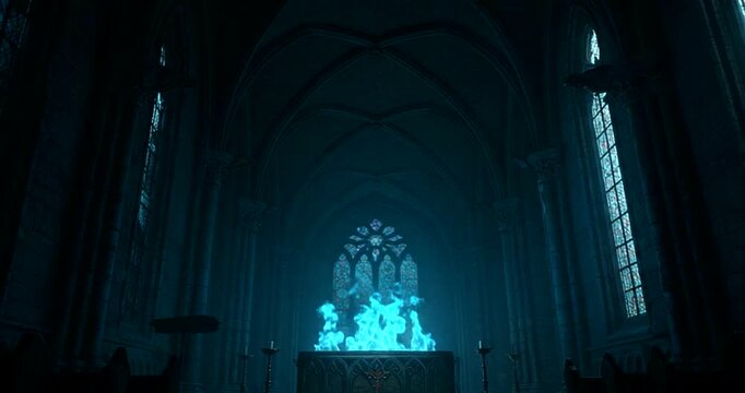 Ethereal blue flames illuminate a gothic cathedral interior