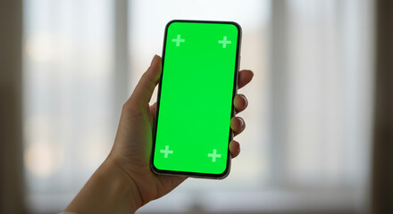 Woman holding modern smartphone with green screen and tracking markers for creative content creation