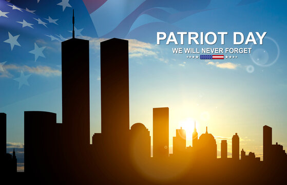 Silhouette of the New York skyline with Twin Towers against the sunset with USA flag. September 11, 2001. American Patriot Day banner. We will never forget - Powered by Adobe