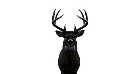 Dark brown buck with antlers stands against a stark black backdrop. Ideal for nature posters or wild animal branding.