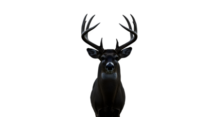 Dark brown buck with antlers stands against a stark black backdrop. Ideal for nature posters or wild animal branding.