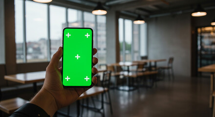 Modern hand holding smartphone with green screen in cafe, ready for content customization