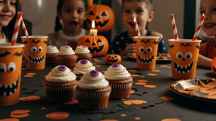 Festive halloween party with kids enjoying spooky cupcakes and fun decor