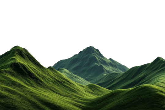Green rolling mountains with sharp peak in distance isolated on transparent background - Powered by Adobe