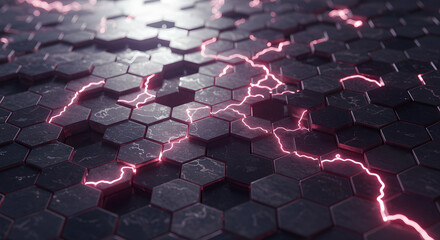 Fototapeta premium Abstract Futuristic Grid: Vibrant pink lightning illuminates dark textured hexagons, representing powerful energy and digital connections.