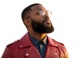 Stylish black man wearing glasses and a red jacket