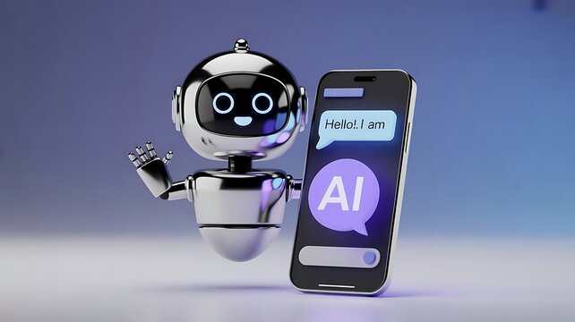 Friendly Silver Robot Waving Beside Smartphone Displaying AI Chatbot Message Conceptualizing Modern Technology and Artificial Intelligence Revolutionizing Communication