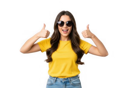 Excited woman in sunglasses gives two thumbs up