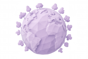 Low poly earth model surrounded by geometric trees, representing global environmental sustainability and conservation against clean backdrop