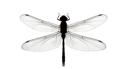 Dark dragonfly features detailed wing texture on a black background for posters and branding.