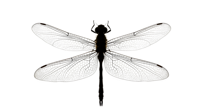 Dark dragonfly features detailed wing texture on a black background for posters and branding.